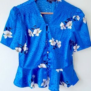 💙Topshop Floral Blue Satin Blouse w Peplum